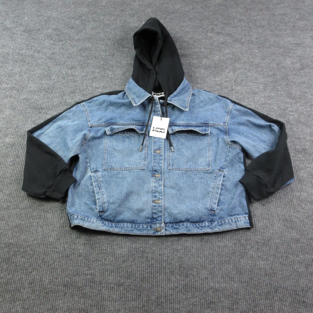 KBB By Kahlana Jacket Womens L Blue Denim Hooded Collared Lined Pockets NWT